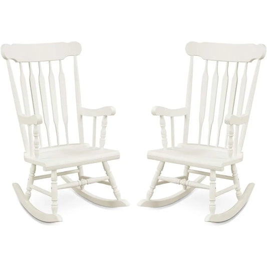 Outdoor Wood Rocking Chair Set of 2 - Patio Rocking Chair with Rubber Wood Frame, Slat Back, Outside & Indoor Rocker for Garden
