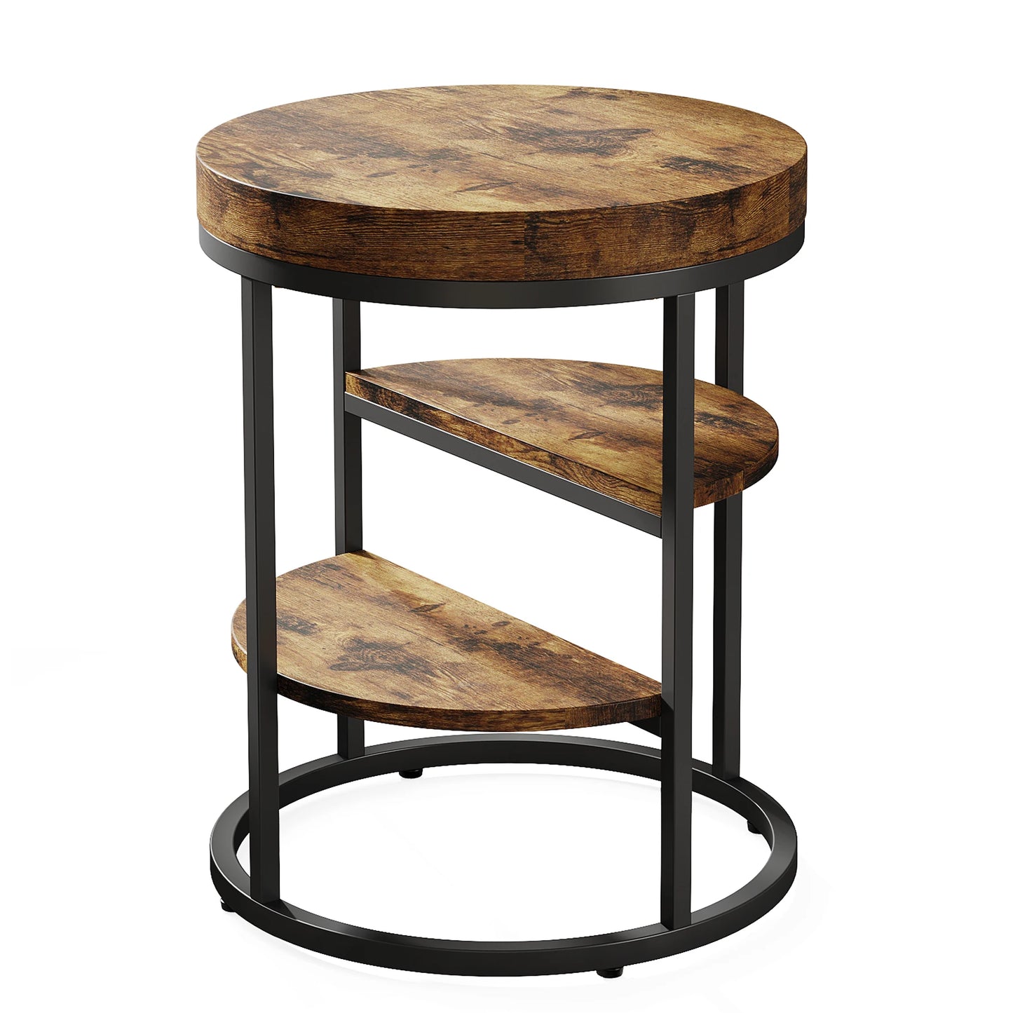 Tribesigns Round End Table, Small End Table with 3 Storage Shelves, Wood Side Table for Small Spaces, Industrial Sofa Table