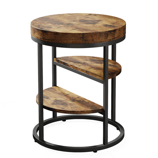 Tribesigns Round End Table, Small End Table with 3 Storage Shelves, Wood Side Table for Small Spaces, Industrial Sofa Table