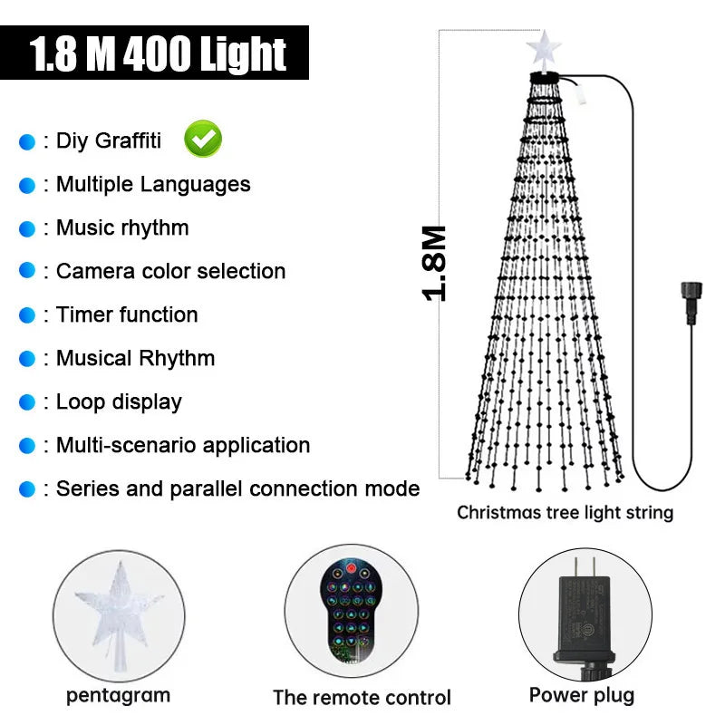 Smart Christmas Tree Lights with Star Topper, Music Sync Outside String Lamps with Remote & APP Controlled for Yard Display
