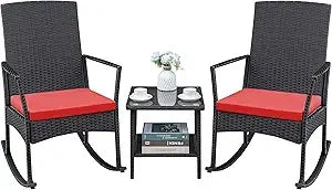 3 Pieces Patio Furniture Set Outdoor Wicker Rocking Chairs with Glass Coffee Table for Garden Backyard Porch Poolside, Beige, Red and Blue