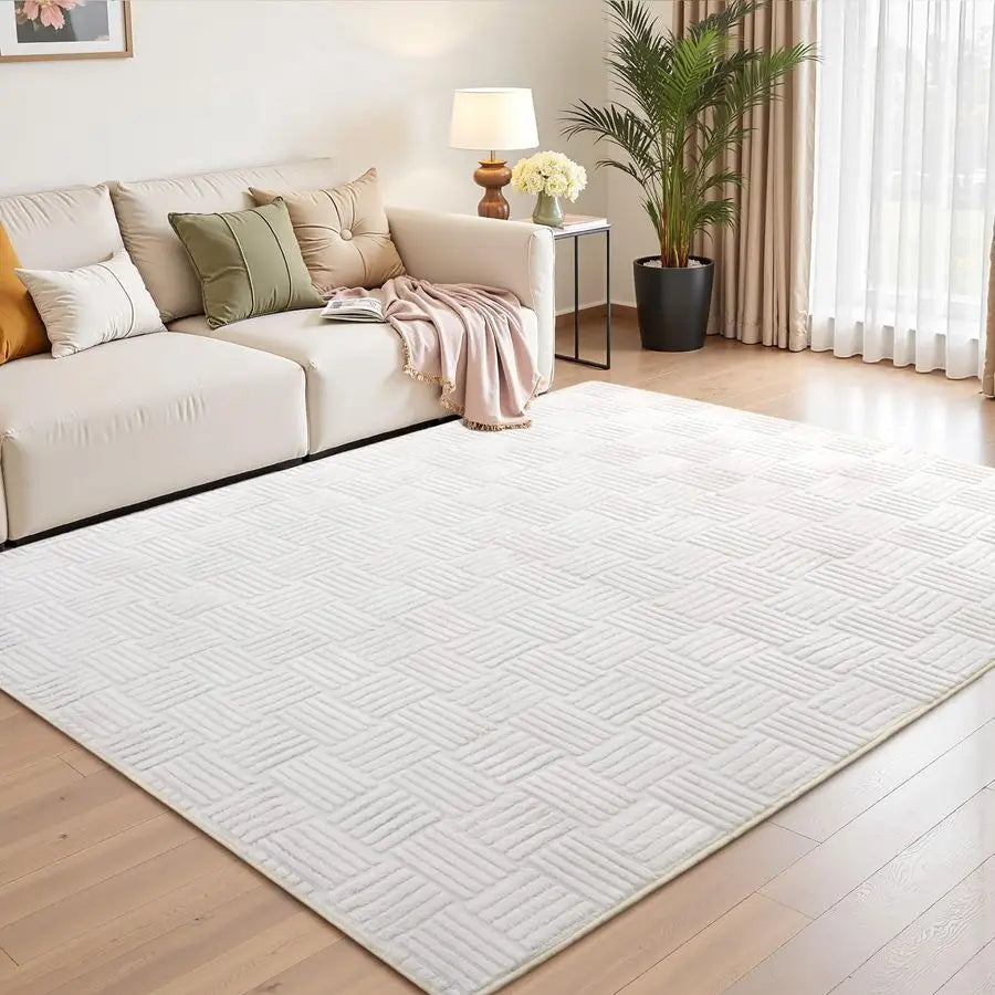 White Washable Shag Area Rug for Girls Bedroom, Modern Geometric Non Slip Living Room Rugs, Fluffy Soft Thick Carpet for Kids Room