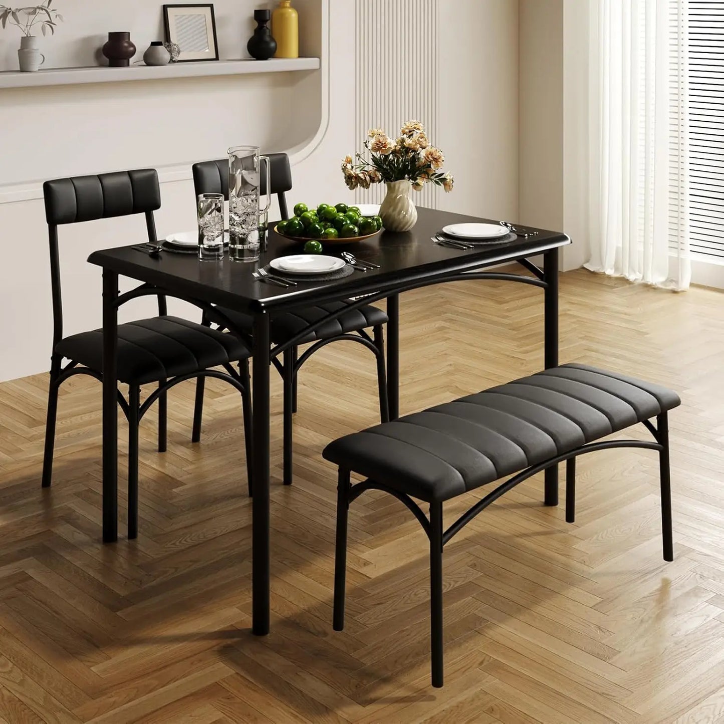 Dining Table Set for 4 with Upholstered Bench and 2 Chairs, Kitchen Table and Chairs for 4, for Small Space, Apartment, Dinner
