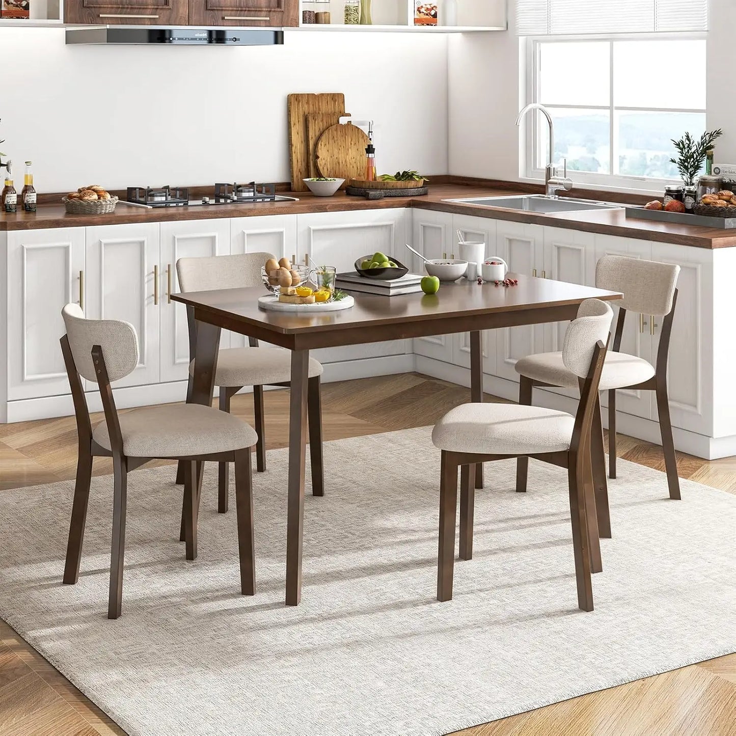 5-Piece Dining Table Set for 4, Farmhouse Kitchen Table & 4 Upholstered Chairs with Rubber Wood Frame, Padded Seat,, Customized