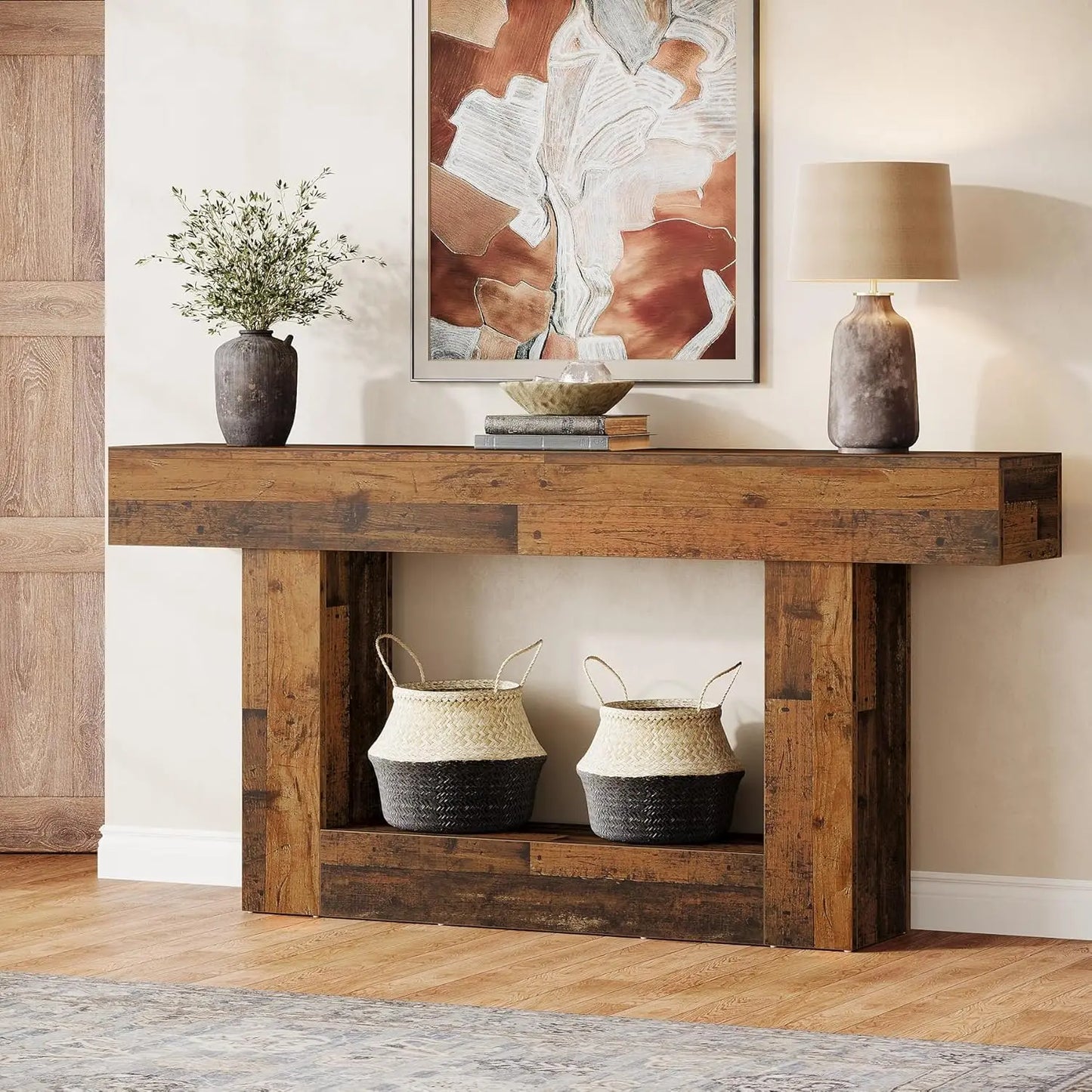 Tribesigns 63" Console Table, Farmhouse 2-Tier Entryway Table with U-Shaped Base, Narrow Long Wood Sofa Table Behind Couch Table (Multiple colors)
