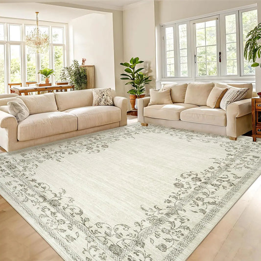 Washable Area Rug for Bedroom Farmhouse Rugs for Living Room Indoor Floral Bordered Large Rug Soft Carpet for Dining Room Office (Multiple sizes)
