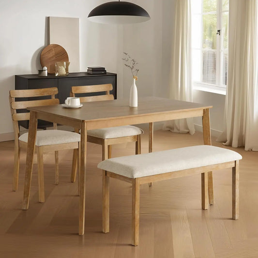 4-Piece Farmhouse Dining Set, Wooden Table with 2 Chairs, Bench Seat, Mid-Century Modern Wooden Table & Upholstered Chair Set