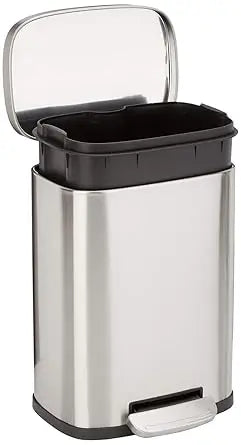 amazon basics smudge resistant mini rectangular trash can with soft-close foot pedal, brushed stainless steel, for bathroom