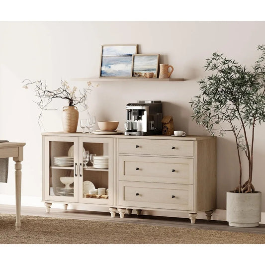 WAMAPT Sideboard Cabinet with Bar Hutch, Moderan Farmhouse Buffet Cabinet with 2 Glass Doors and 3 Drawers,Light Oak