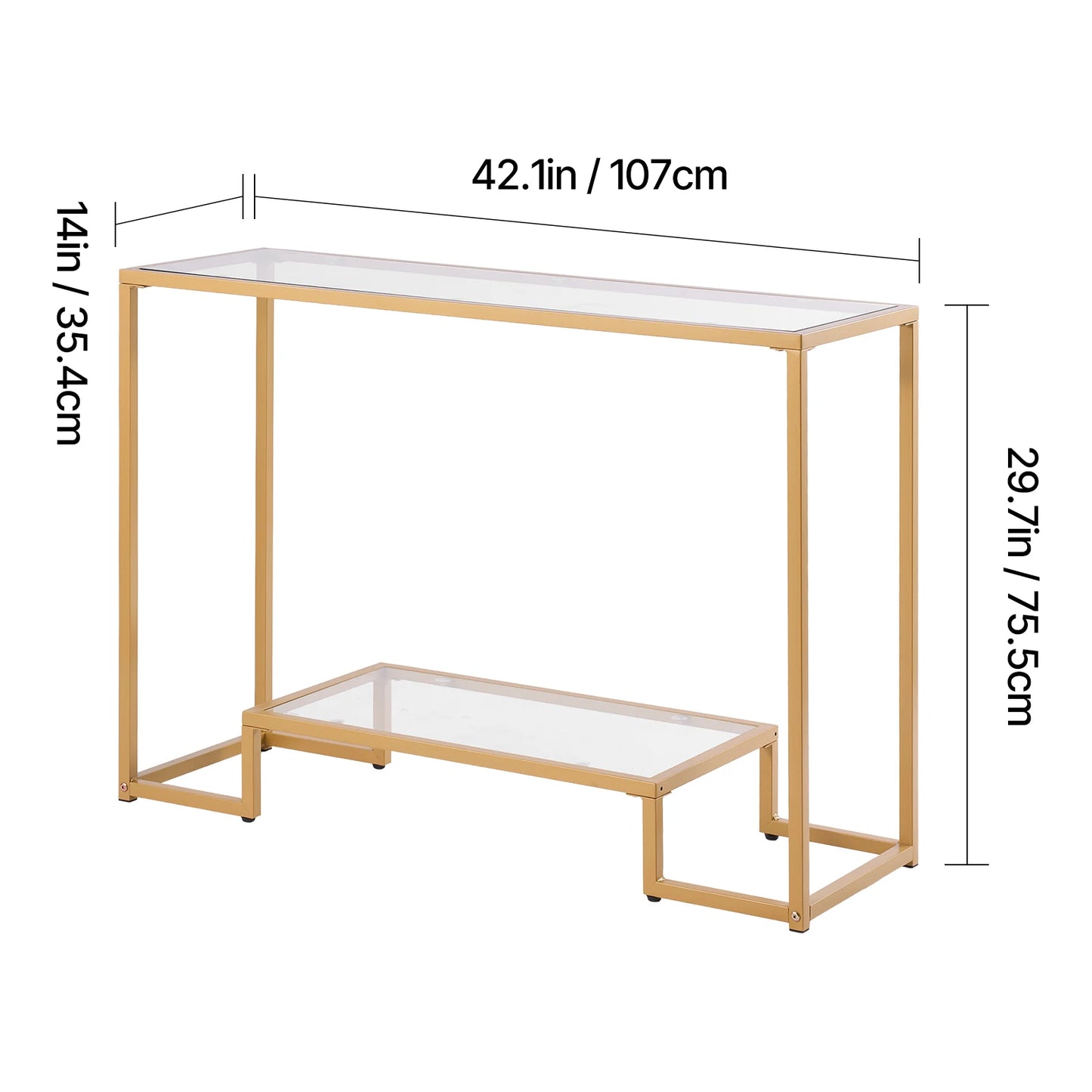 SucceBuy Glass Console Table Modern Rectangle Sofa Side Table with Tempered Glass Top and Iron Legs Consloe Desk for Living Room