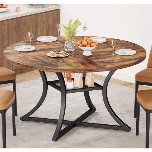 47.2" Round Dining Table for 4, Wood Kitchen Table with Storage Shelf for Dining Room, Dinner Table with Wooden Tabletop