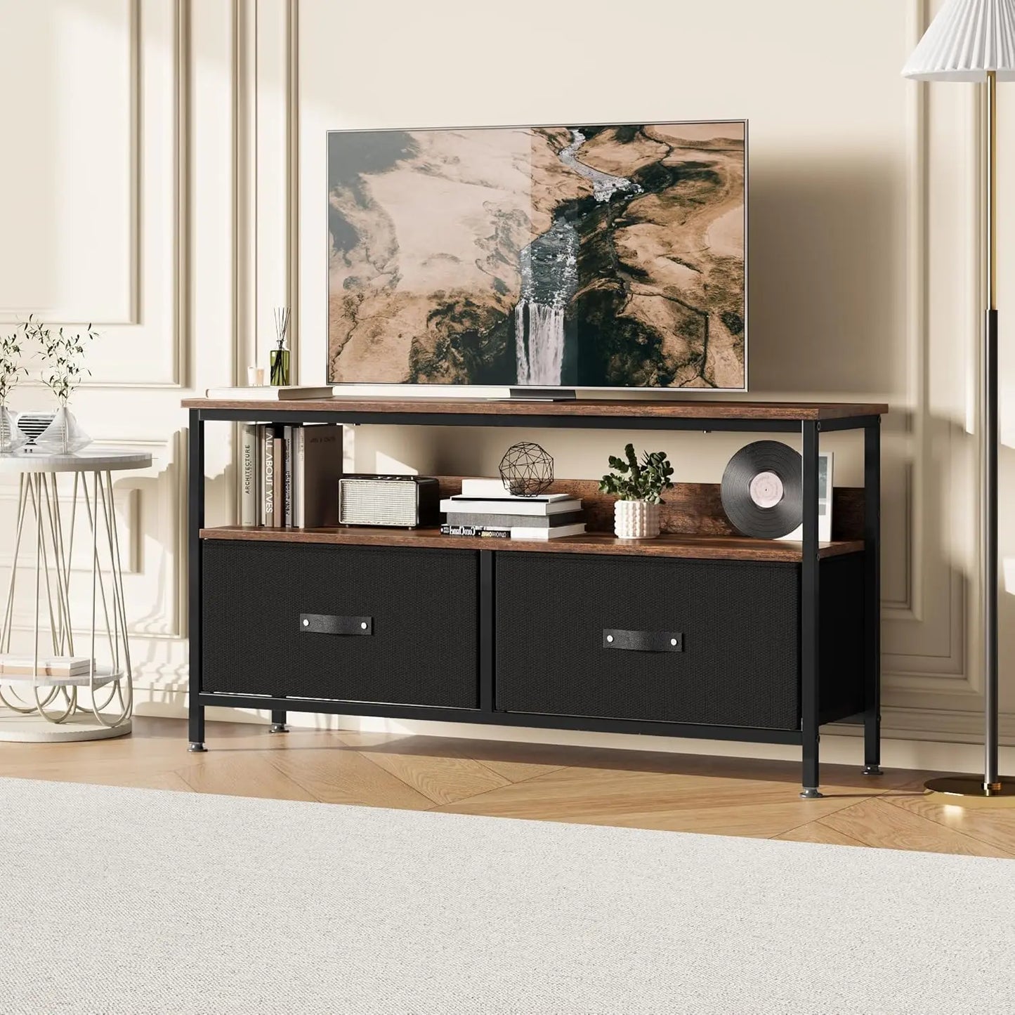 TV Console Stand Dresser with Storage Living Room 2-Drawer Entertainment Center with Open Shelf Fabric Drawer TV Cabinet