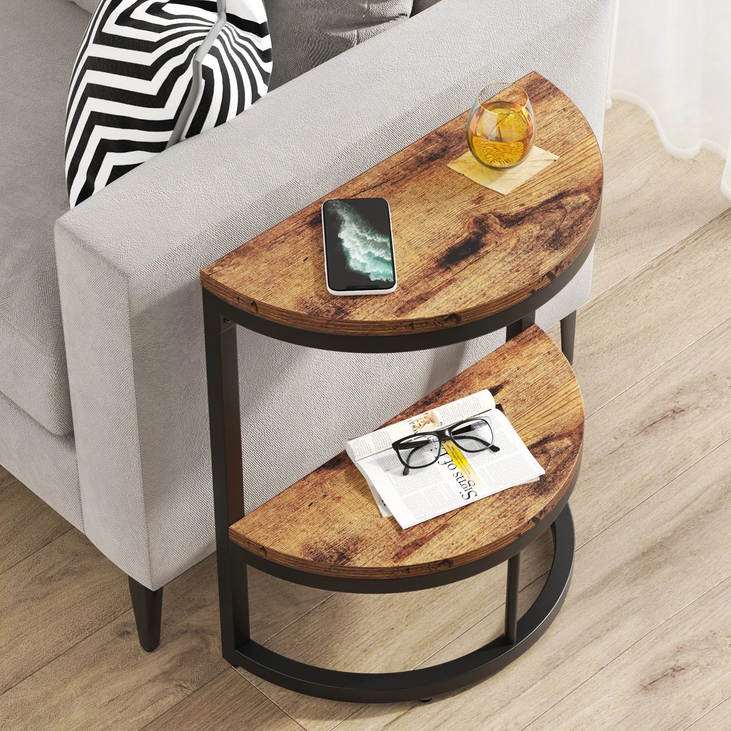 Tribesigns End Table Semi Circle, Small Half Round Side Table with Storage Shelf, Accent Table Slim C Table for Sofa Couch (Rustic Brown and Rustic Grey)