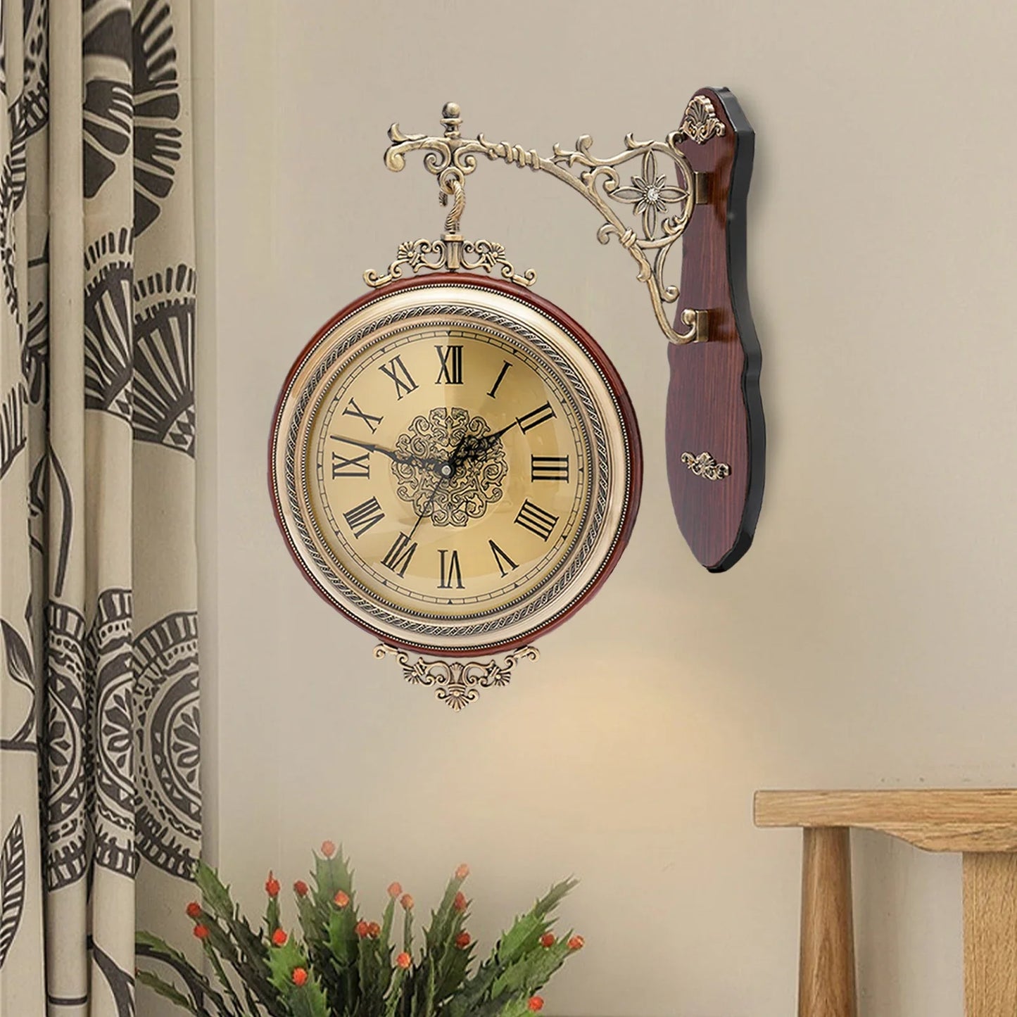 Large Wall Clock Double Sided, European Style Alloy Wall Clock Non Ticking Silent Clock for Indoor, Office, Living Room