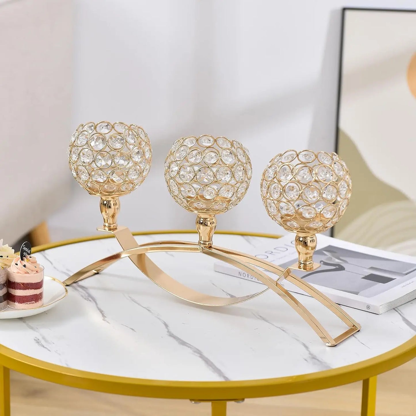 Crystal Candle Holders for Home Decoration, Table Candelabra, Centerpieces for Living Room, Wedding Party, Christmas, 3 Arms (Gold &  Silver)