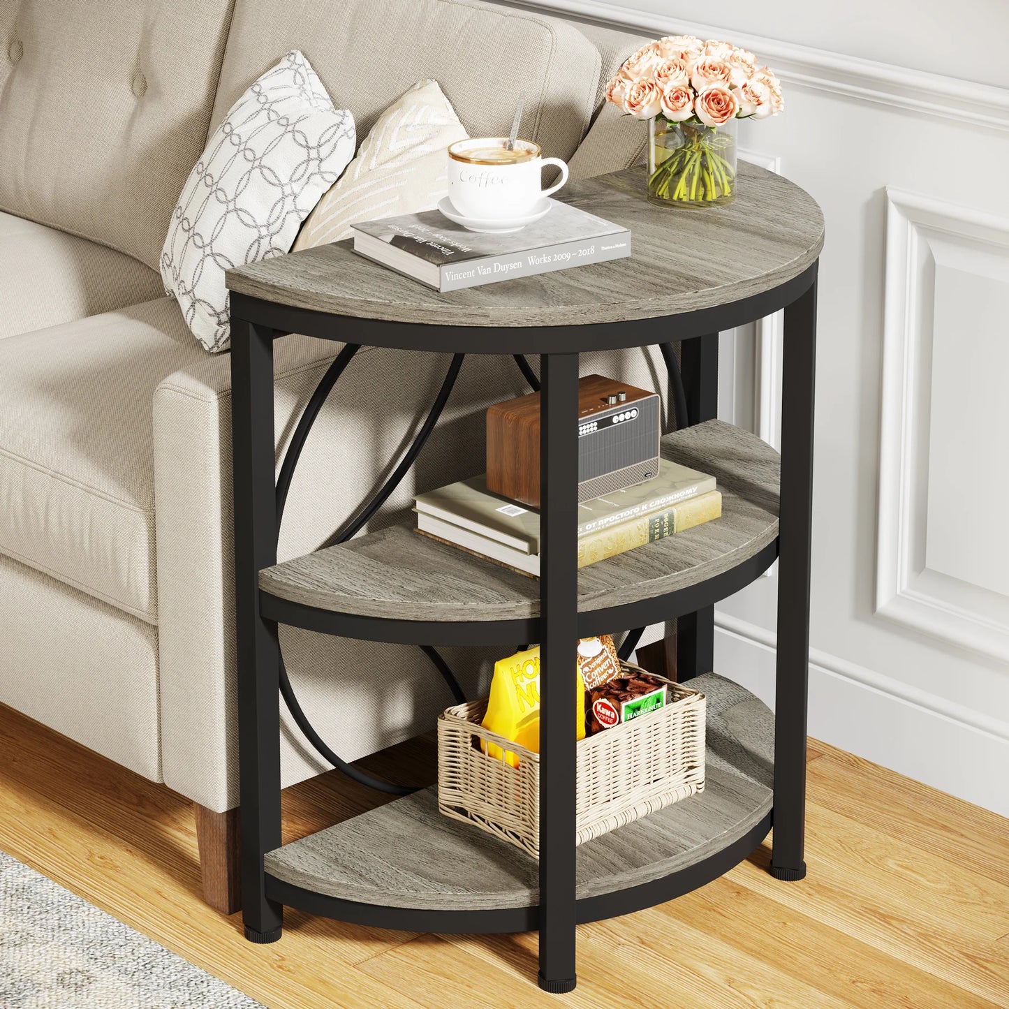 Tribesigns Half Round End Table for Living Room, 3-Tier Half Side Table with Metal Frame, Industrial Table with Storage (Grey and Rustic Brown)