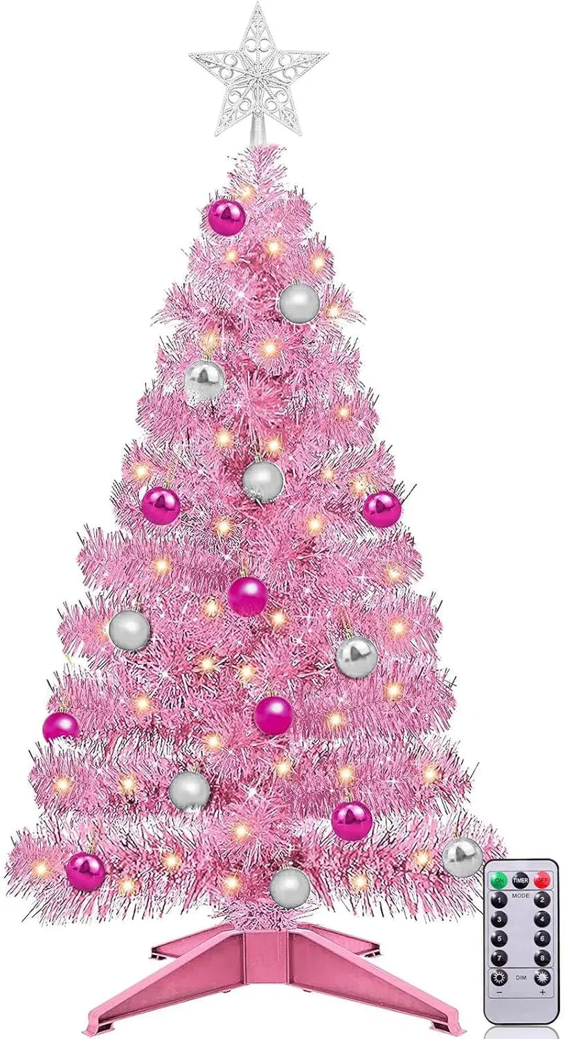 8-Mode Battery-Powered Pink Christmas Tree Lights with Timer - 3ft DIY Ornament Decoration