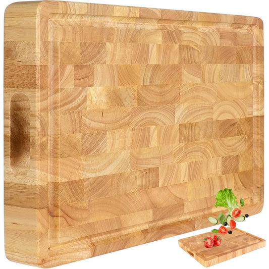 Block End Grain Cutting Board - 17x13x1.5in Reversible Multipurpose Chopping Board with Juice Groove, Cracker Holder