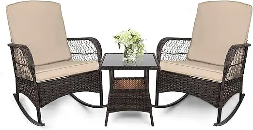 3 pcs Rocking Bistro Set Conversation Chairs PE Wicker Outdoor Rocking Chairs & Glass Table,for Porch Lawn Garden Backyard Deck