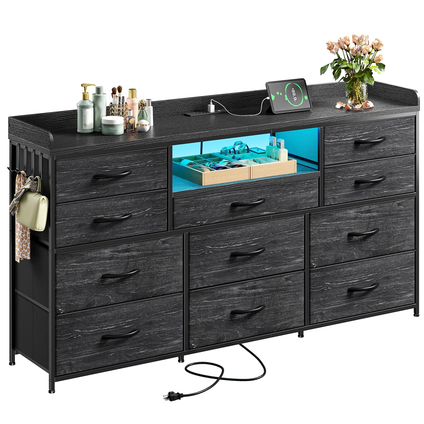 11-Drawer Dresser and TV Stand with LED Lights, Power Outlets, Shelves & Hooks for Dorm or Hallway Use, fit 60 inchs TV