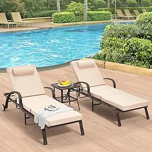 Wicker Chaise Lounge Set of 2, Pool Lounge Chair with Side Table, Outdoor Reclining Lounger Chair with Wheels 5-Level Adjustable (Multiple colors)