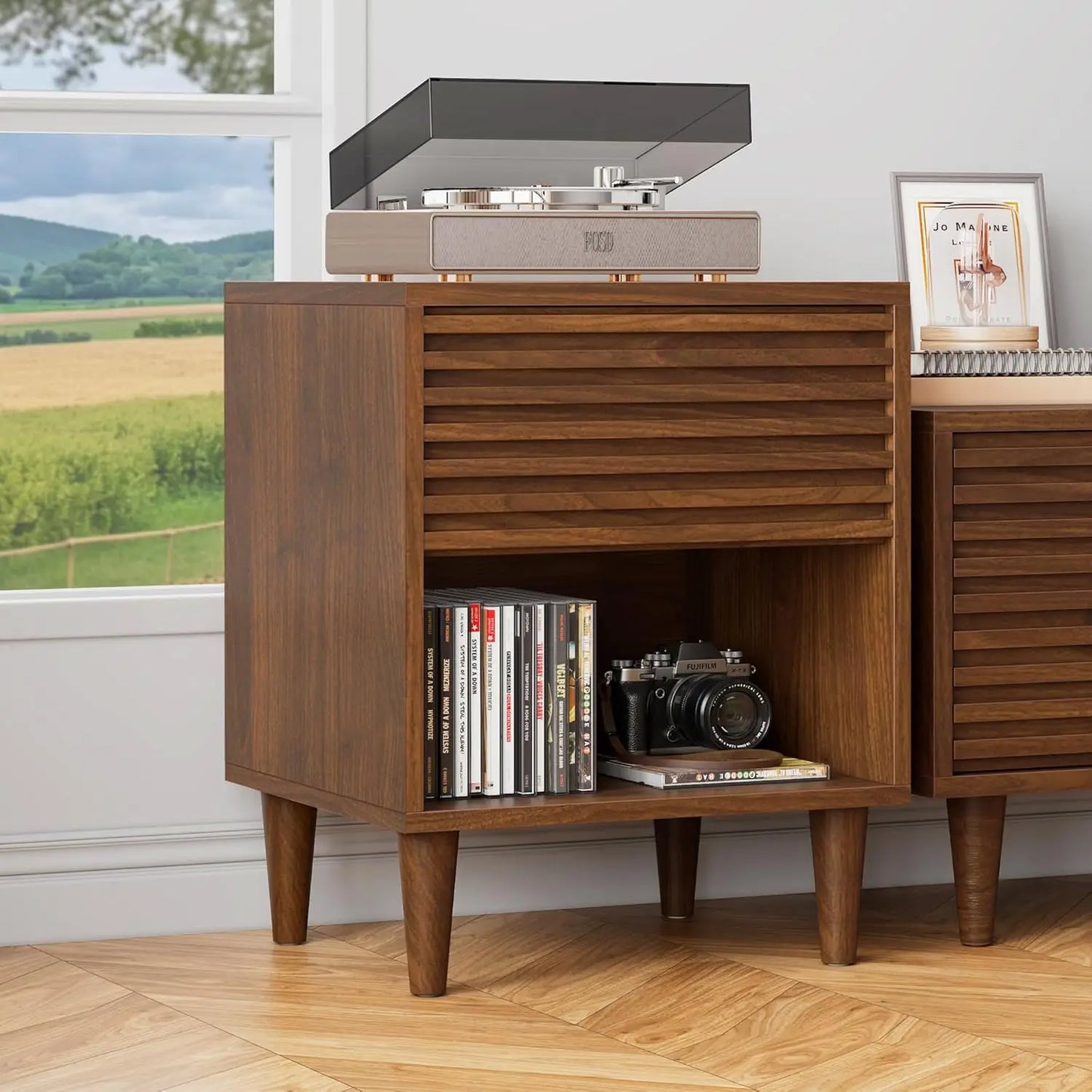 Mid Century Modern Nightstand, Fluted Night Stand, Wood Bedside Table with Drawer and Cube Storage for Bedroom, Side Accent End
