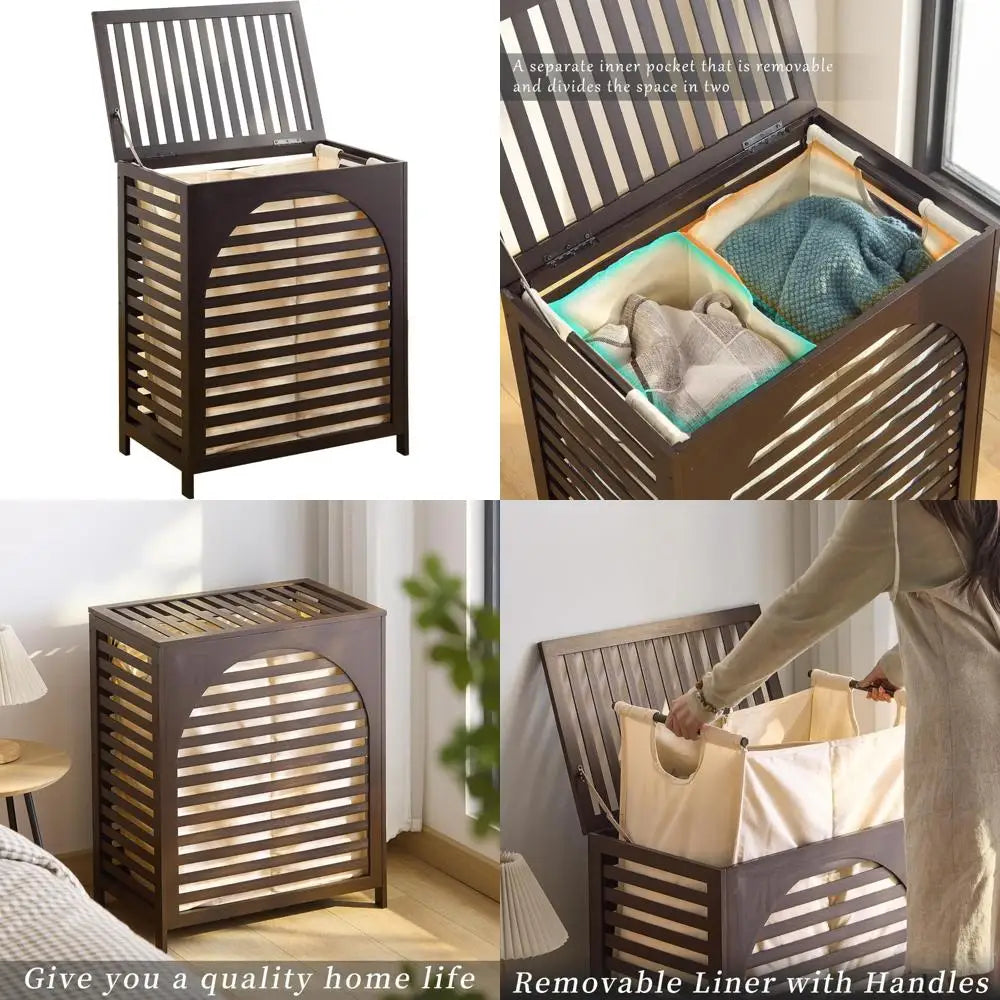 Bamboo Laundry Hamper with Lid and Removable Liner, Dual-Section Clothes Basket for Bedroom Storage and Aesthetics