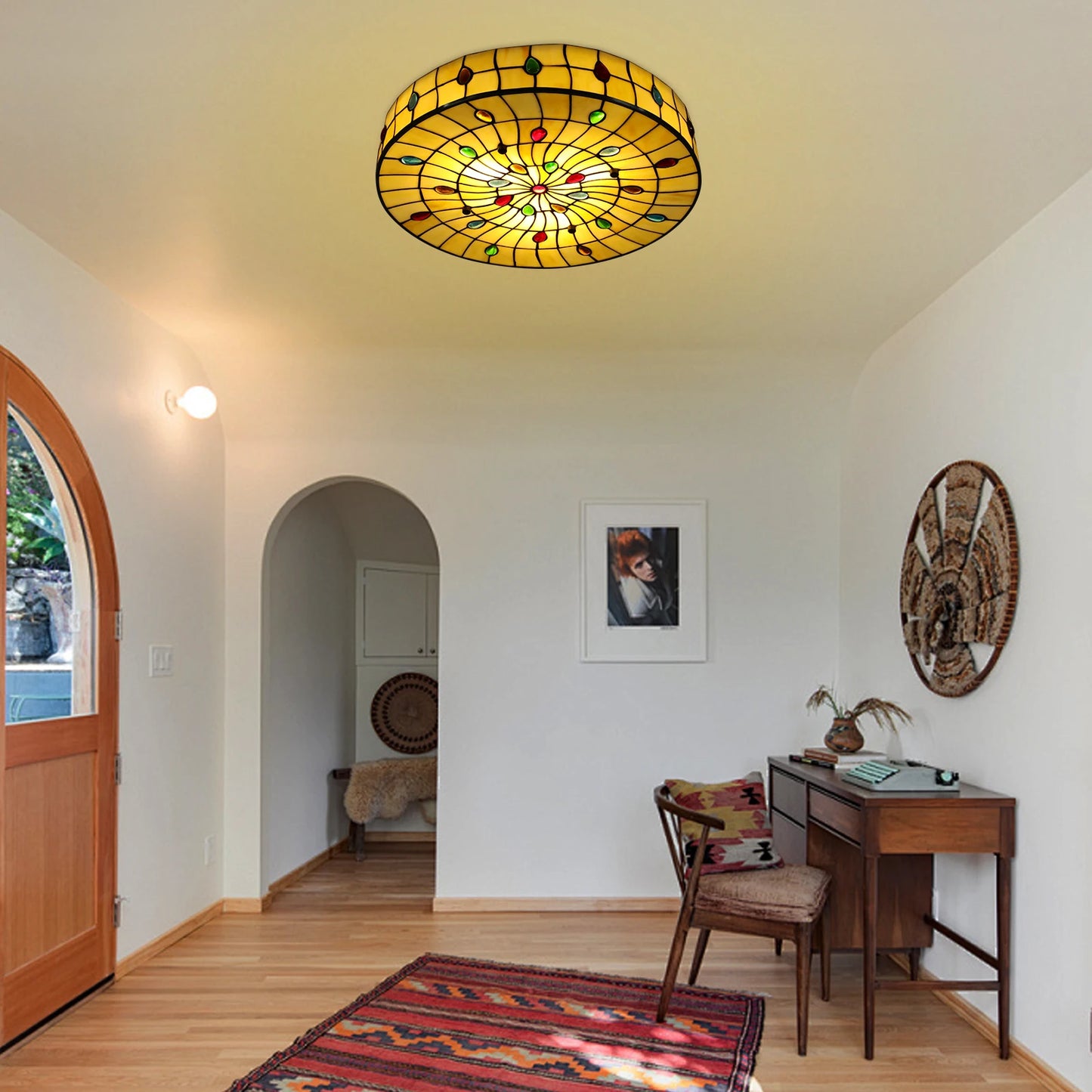 3 Light Ceiling Lamp 18inch Vintage LED Tiffany Ceiling Light Stained Glass Handmade Retro Flush Fixture for Bedroom Hallway