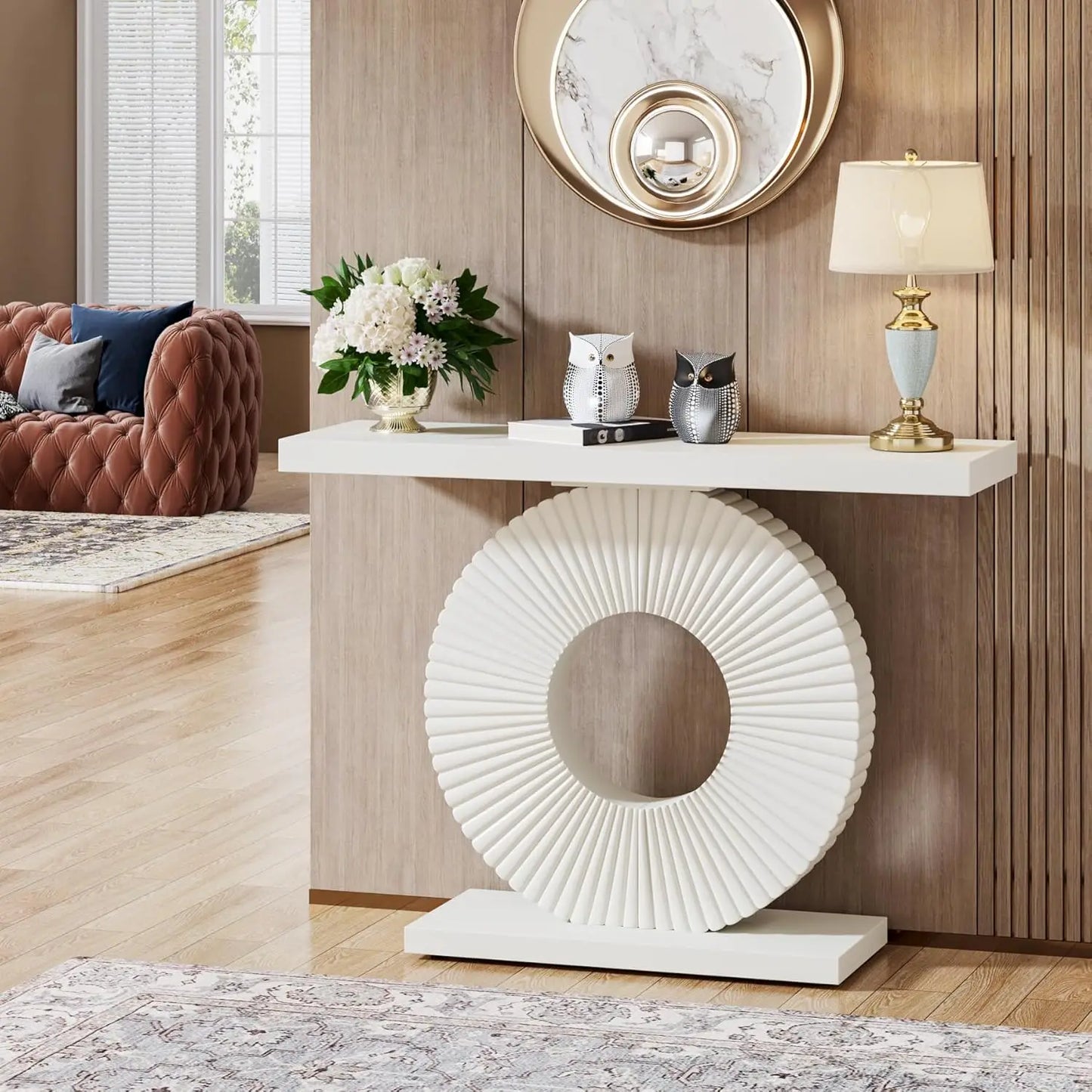 LITTLE TREE Modern Console Table with Geometric Base, 40 inch Wood Entryway Table,Accent Table for Living Room, Entryway (Black and  White)