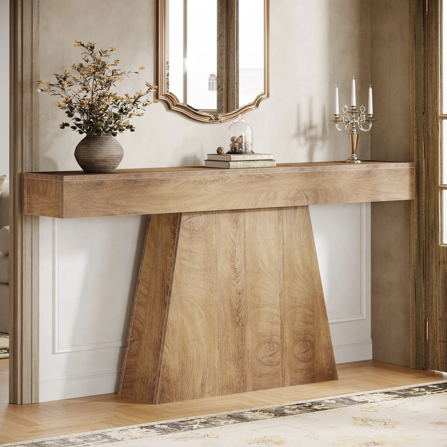 Tribesigns 63" Black Console Table, Farmhouse Entryway Table with Trapezoidal Base, Narrow Long Wood Sofa Table