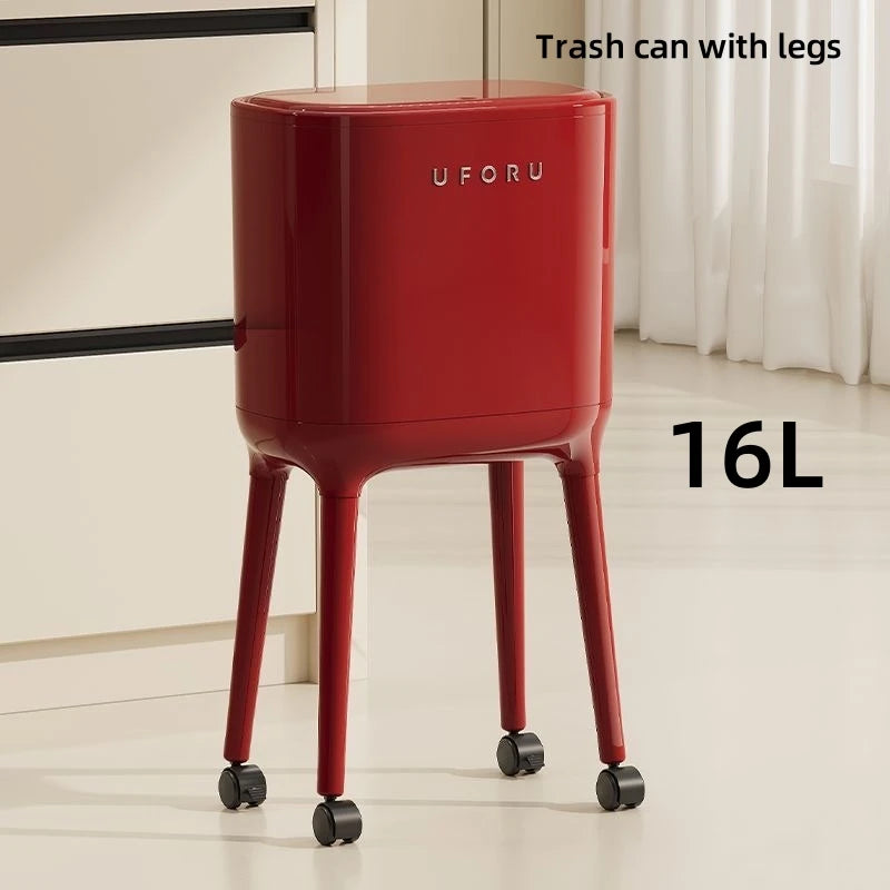 Bend-free High-leg Trash Can With Press-to-open Lid - Large-capacity Oval Kitchen & Living Room Garbage Bin, Featuring A Red Mod