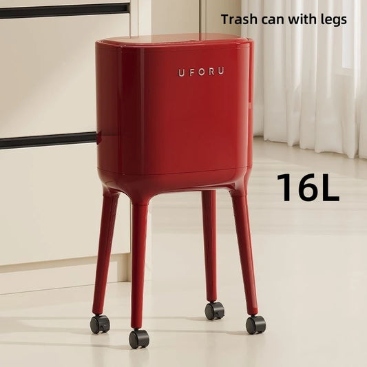 Bend-free High-leg Trash Can With Press-to-open Lid - Large-capacity Oval Kitchen & Living Room Garbage Bin, Featuring A Red Mod
