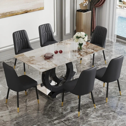 Dining Table Set for 6, Kitchen Table and Chairs for 6, Sintered Stone Table Top with 6 Modern Dining Chairs Suitable for Kitchen