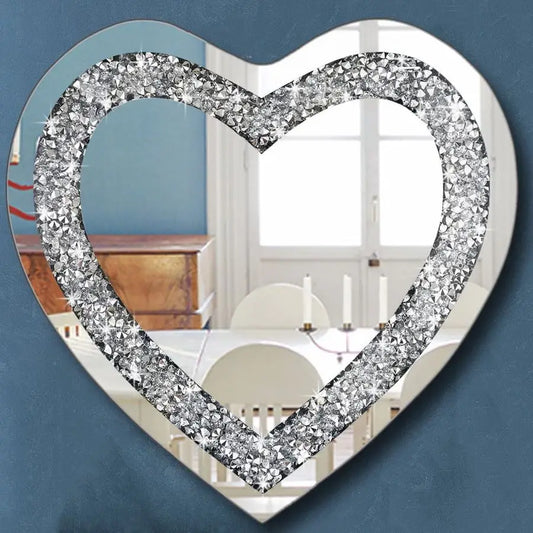 Crystal Crush Diamond Heart Shaped Silver Mirror for Wall Decoration 20x20x1 inch Wall Hang Frameless Mirror Acrylic Diamond