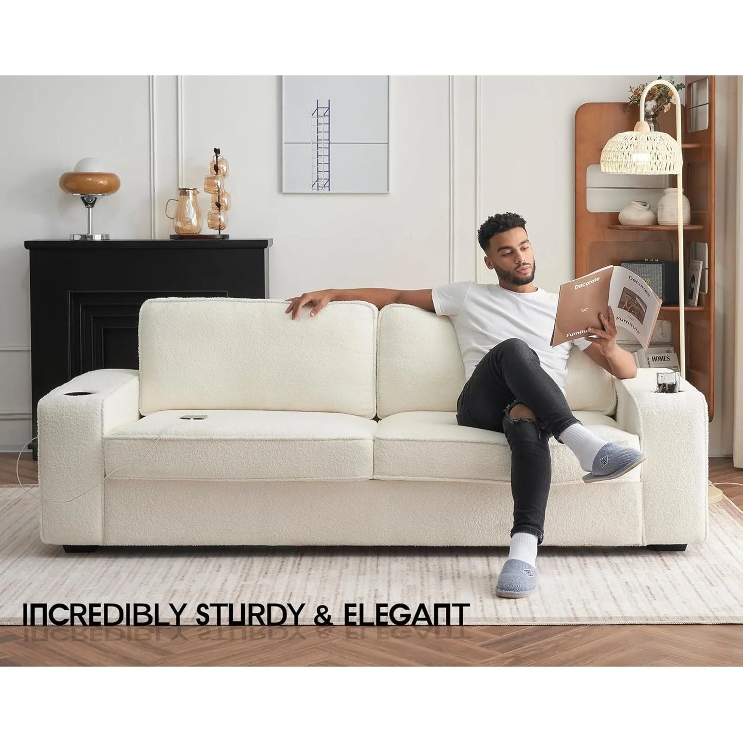89in Comfy Couch with Cup Holders & USB Charging Ports, Offwhite Bouclé Couch- Deep Seat Sofa Couch for Living Room