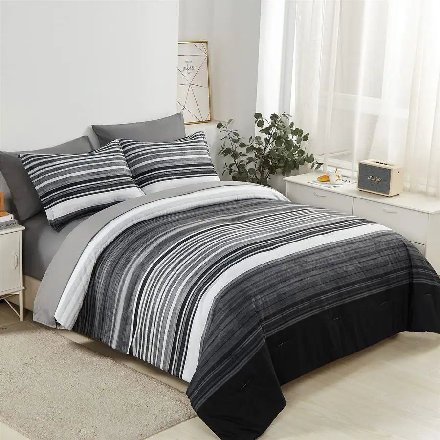 7 Piece Bed in a Bag Stripe Comforter Set Queen Size, White Grey Black Patchwork Striped Comforter and Sheet Set, All Season