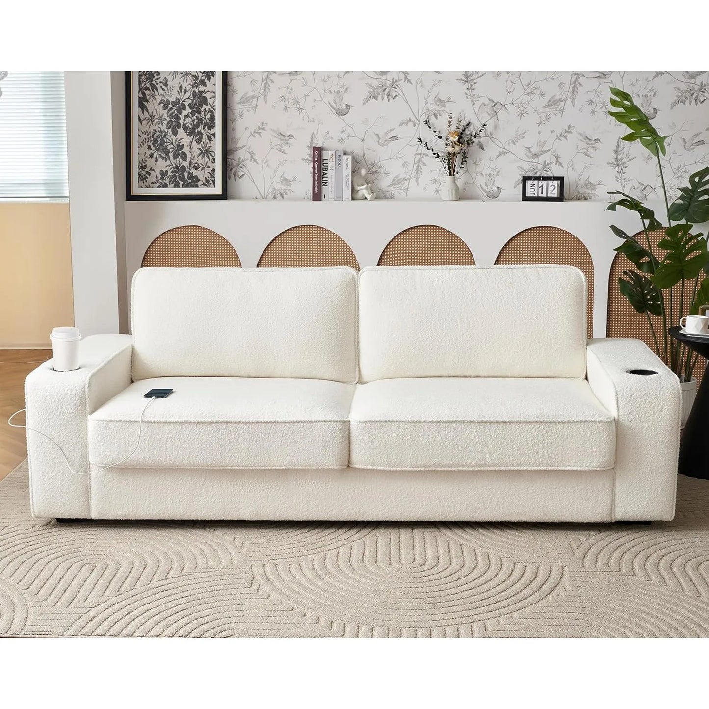 89in Comfy Couch with Cup Holders & USB Charging Ports, Offwhite Bouclé Couch- Deep Seat Sofa Couch for Living Room