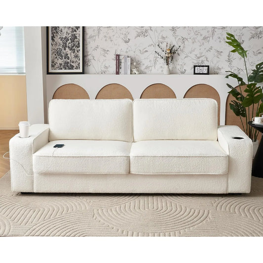 89in Comfy Couch with Cup Holders & USB Charging Ports, Offwhite Bouclé Couch- Deep Seat Sofa Couch for Living Room