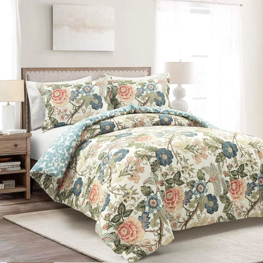 King Size Reversible Cotton Duvet Cover Set, 3-Piece, Green and Blue Vintage Cottage Style Bedding