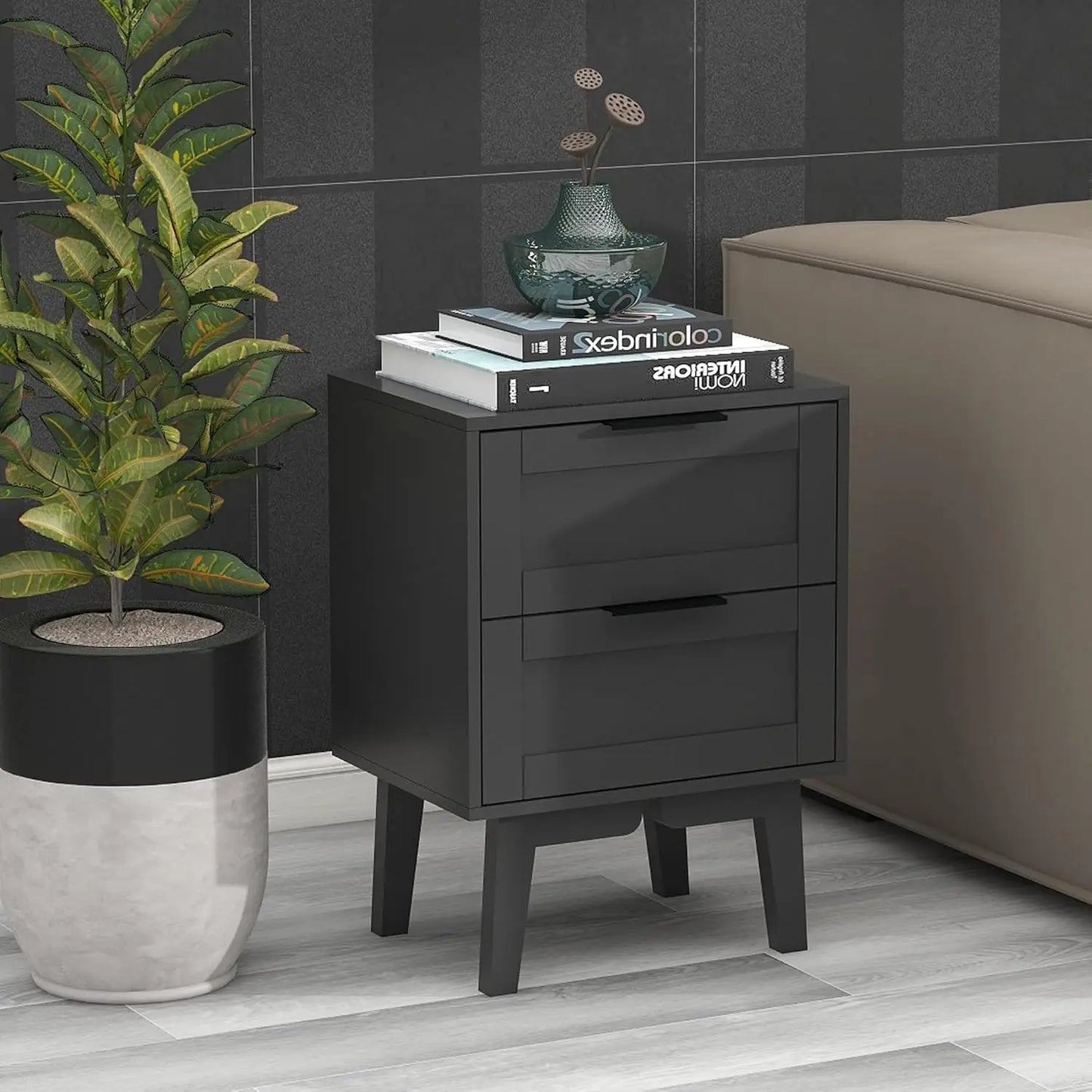 Modern Black Night Stand with Drawer Mid Century Wooden Nightstand Bedside Table End Table with Storage for Bedroom