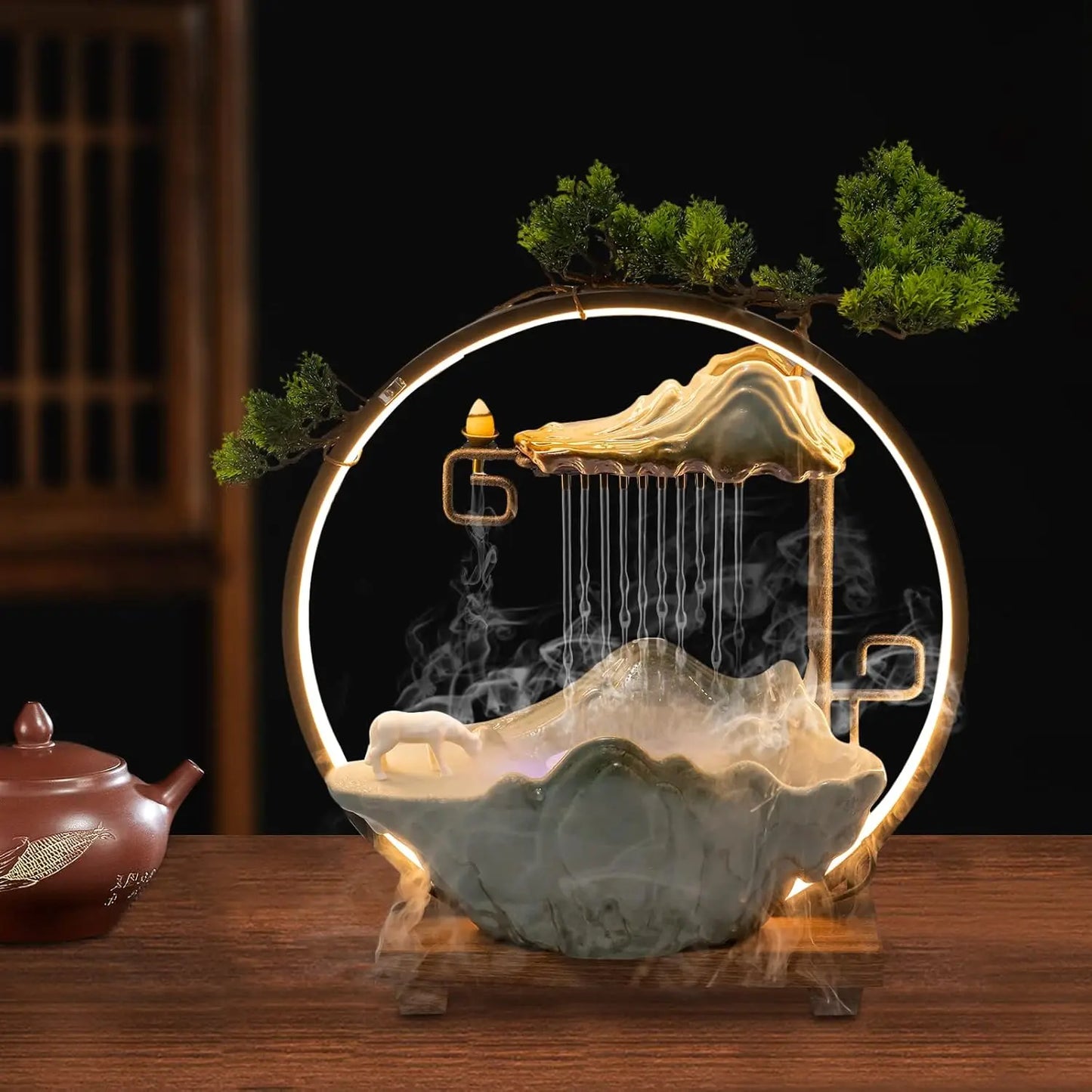 Tabletop Water Fountain (Indoor) - Round LED Light, Mist Maker & Incense Holder, Ceramic-Wood Material for Home/Office Decor