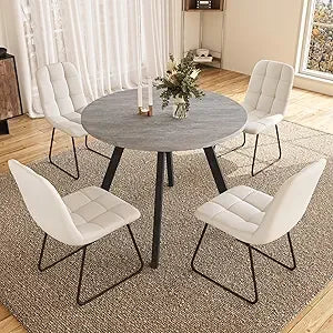 34.6'' Round Dining Table and Chairs for 4, Mid Century Modern Round Table Set, Space Saving for Apartment Kitchen Dining Room