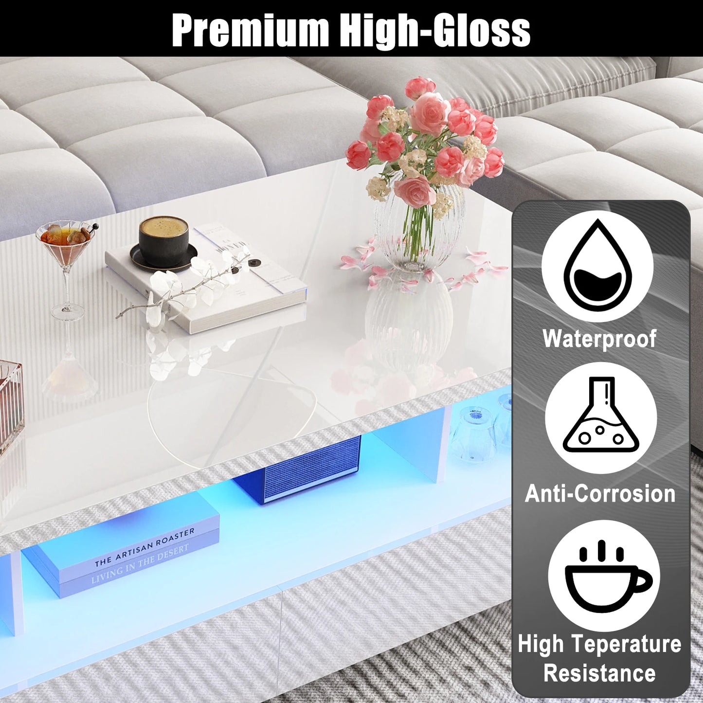 43 Inch LED Coffee Table w/2 Storage Drawers, Modern High Gloss Coffee Table w/Display Shelf, Rectangle 2-Tier Center Table (Multiple colors)