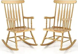 Outdoor Wood Rocking Chair Set of 2 - Patio Rocking Chair with Rubber Wood Frame, Slat Back, Outside & Indoor Rocker for Garden