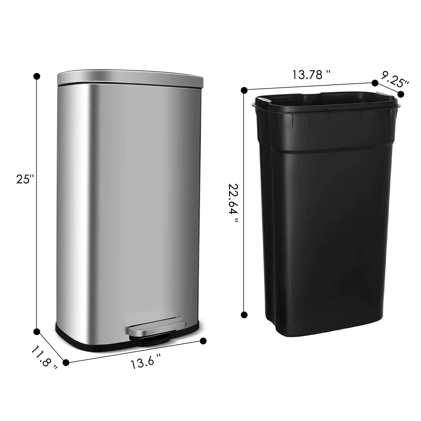 Homfa 30L Stainless Steel Step Trash Can Kitchen Garbage Can W/ Soft Close, Black,White, Silver, Gray, Red +