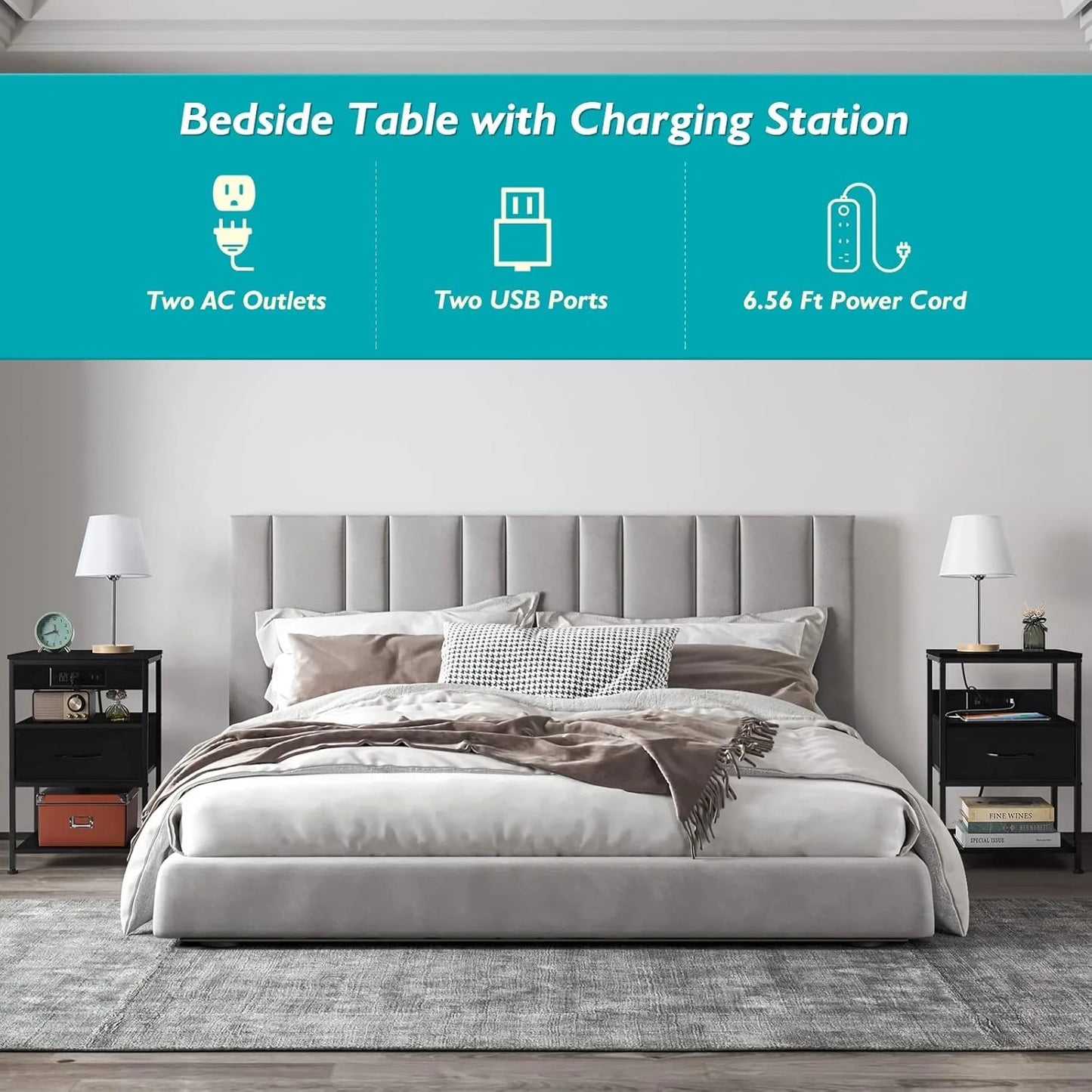 Black Bedside Table w/3-Tier Charging, USB/AC + Drawer, Multi-Use for Bedroom/Living/Farmhouse Decor