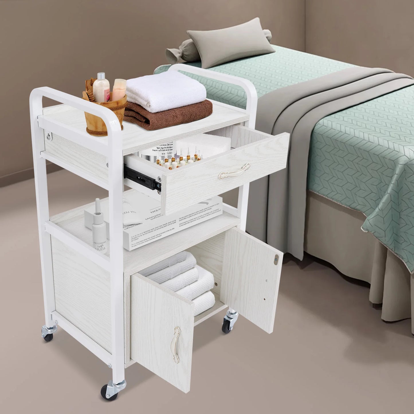 Salon High-density Wood Panels Storage Cart,White Rectangle Free Standing Movable Beauty Organizer