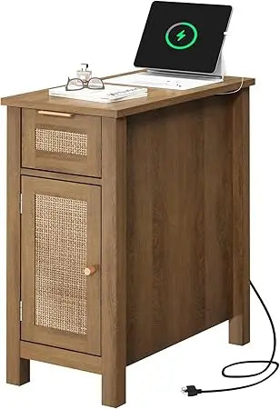 mid-century style rattan end table with usb charging and power outlets, slim nightstand for modern living