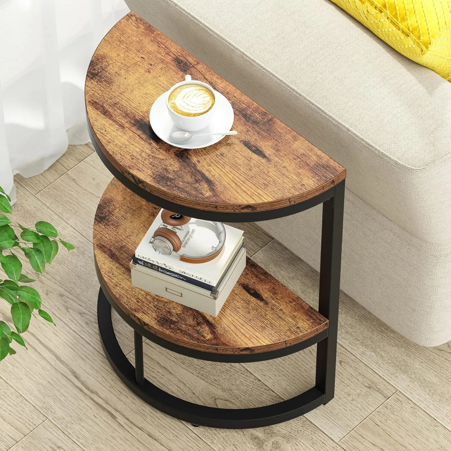 2-Tier End Table Semi Circle, Half Round Side Table with Storage Shelf, Wood Accent Table Slim C Table for Sofa Couch (Multiple colors)