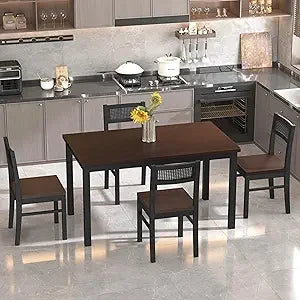 Black Dining Table Set for 4-43.3 Table and Chairs Set of 4 with Solid Wood Legs and Woven Rattan Backs, Kitchen Table Set